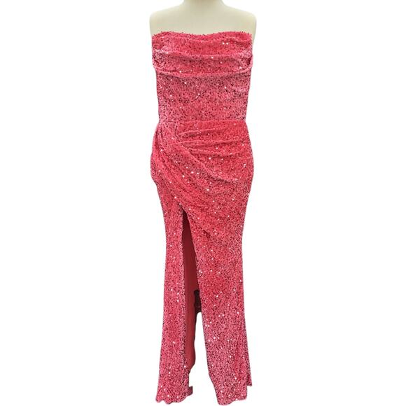 NWT Hot Pink Strapless Sequin Evening Gown with Corset Back on Velvet Fabric - Picture 1 of 11